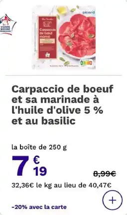 Picard Carpaccio de boeuf et sa marinade à l'huile d'olive 5% et au basilic offre