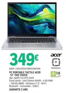 E.Leclerc Espace Culturel PC PORTABLE TACTILE ACER 14" FHD TOUCH offre