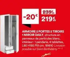 BUT Armoire 2 portes 2 tiroirs 1 miroir daily, structure en panneaux de particules blanc, intérieur offre