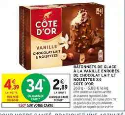 Intermarché Hyper Bâtonnets de glace à la vanille enrobés de chocolat lait et noisettes x4 offre