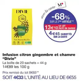 Monoprix Divie Infusion citron gingembre et chanvre offre