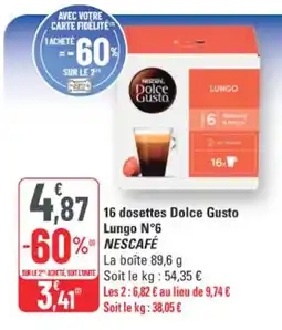 G20 Nescafé 16 dosettes Dolce Gusto Lungo N°6 offre
