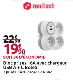 Mr Bricolage Zenitech Bloc prises 16A avec chargeur USB A+ C Bolea offre