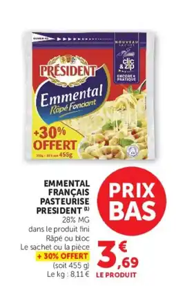 Hyper U PRESIDENT Emmental français pasteurise offre