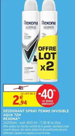 Intermarché DÉODORANT SPRAY FEMME INVISIBLE AQUA 72H REXONA offre