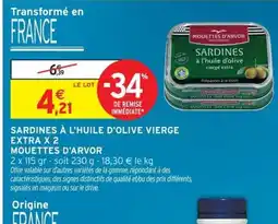 Intermarché MOUETTES D'ARVOR Sardines à l'huile d'olive vierge extra x 2 offre