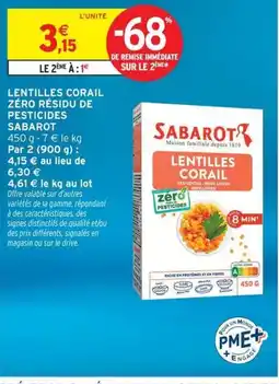 Intermarché SABAROT Lentilles corail zéro résidu de pesticides offre