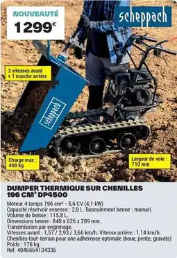 Brico Dépôt Scheppach - dumper thermique sur chenilles 196 cm dp45400 offre