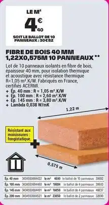 Brico Dépôt Fibre de bois 40 mm 1,22 xo, 575 ml 10 paineaux offre
