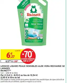 Intermarché Rainett lessive liquide peaux sensibles aloe vera recharge 32 lavages offre