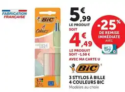 Super U Bic 3 stylos à bille 4 couleurs offre