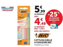 Super U Bic 3 Stylos a bille 4 couleurs offre