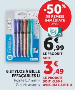 Super U 6 stylos à bille effaçables u offre