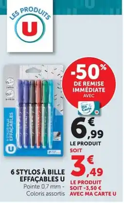 Hyper U 6 STYLOS À BILLE EFFACABLES U offre