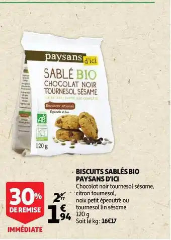 Auchan Direct Biscuits Sablé Bio Paysans D'ici offre