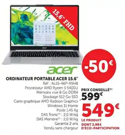 Hyper U ORDINATEUR PORTABLE ACER 15.6" offre