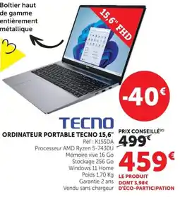 Hyper U Ordinateur portable tecno 15,6" offre