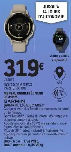 E.Leclerc Garmin - montre connectée venu 3 41mm offre