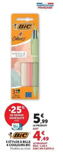 Hyper U Bic - 3 stylo à bille 4 couleurs offre