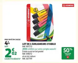 Auchan STABILO Lot de 4 surligneurs offre