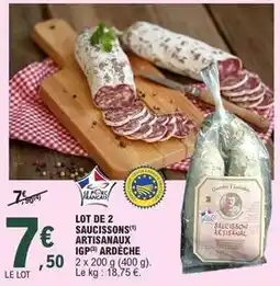 E.Leclerc Lot de 2 saucissons artisanaux igp ardèche offre