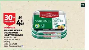 Auchan Direct Sardines à L'huile D'olive Bio Les Mouettes D'arvor offre