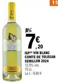E.Leclerc Igp vin blanc comte de tolosan 2024 offre