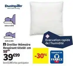 Conforama Dunlopillo - oreiller mémoire respirant 60x60 cm offre