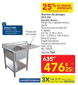 METRO INOX BIM Plonge 1 bac + égouttoir offre