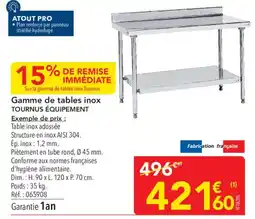 METRO TOURNUS ÉQUIPEMENT Table inox adossée offre