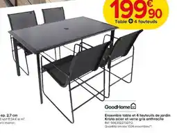 Castorama GoodHome Ensemble table et 4 fauteuils de jardin Krista acier et verre gris anthracite offre