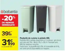 Carrefour brabantia Poubelle de cuisine à pédale 40L offre