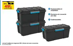 Castorama Lot de 3 malles de rangement 80 l scuba noir avec couvercles offre