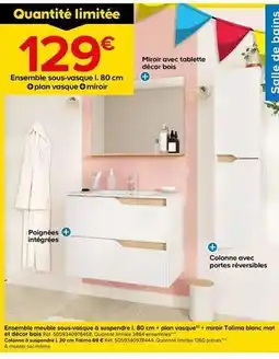 Castorama Ensemble meuble sous-vasque à suspendre 80 cm + plan vasque miroir tolima blanc mat et decor bois offre