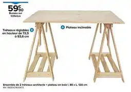 Castorama Ensemble de 2 tréteaux architecte + plateau en bois l. 80 x l. 120 cm offre
