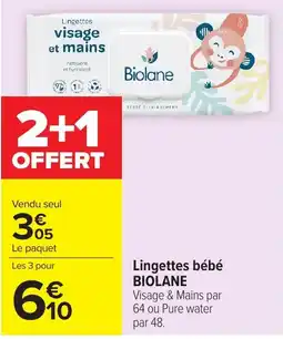 Carrefour Market Biolane Lingettes bébé Visage & Mains offre