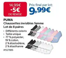 Costco Puma - chaussettes invisibles femme lot de 8 paires offre