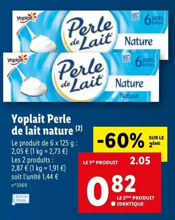 Lidl Yoplait perle de lait nature offre