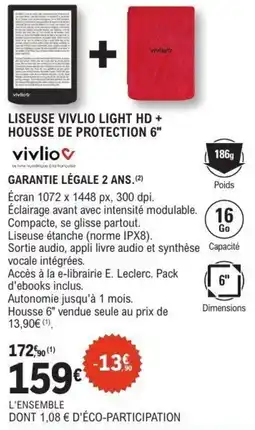 E.Leclerc Espace Culturel vivlio Liseuse VIVLIO LIGHT HD + Housse de protection 6" offre