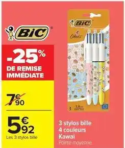 Carrefour Market Bic - 3 stylos bille 4 couleurs kawaï offre
