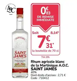 Promocash SAINT JAMES Rhum agricole blanc offre