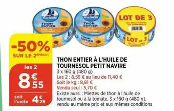 Bi1 Thon Entier à L'huile De Tournesol Petit Navire offre