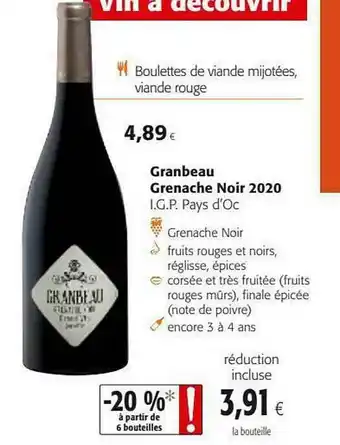 Colruyt Granbeau Grenache Noir 2020 Igp Pays D'oc offre