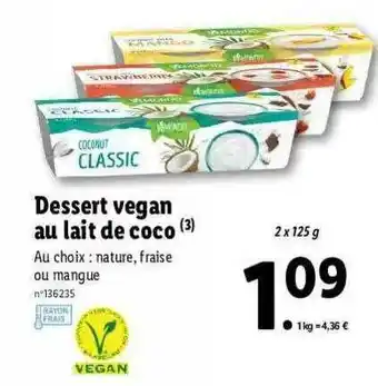 Lidl Dessert Vegan Au Lait De Coco offre