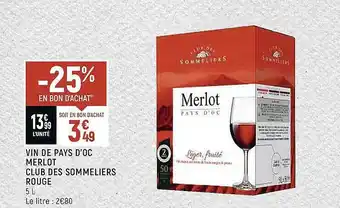 Spar Vin De Pays D'oc Merlot Club Des Sommeliers Rouge offre