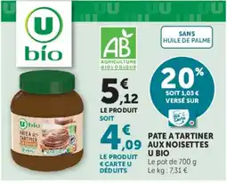 Super U U bio PATE A TARTINER AUX NOISETTES offre