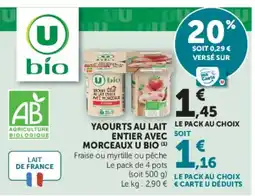 Super U U bio Yaourts au lait entier offre