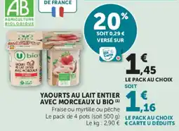 Hyper U U bio yaourts au lait entier offre