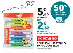 Hyper U STABILO 9 SURLIGNEURS STABILO SWING COOL FLUO offre