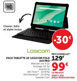 Hyper U LOGICOM PACK TABLETTE 10' LOGICOM FOLD 210 PRO offre